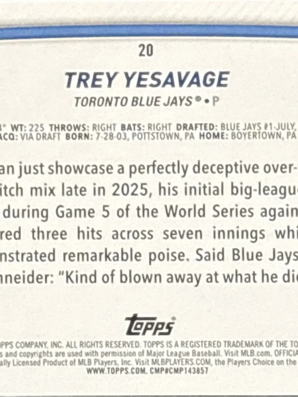 Topps Blue Toronto Blue Jays Trey Yesavage Rookie Card LE 05/50